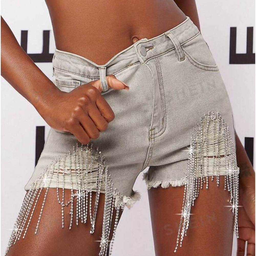 New rhinestone fringe detail high rise jean shorts~